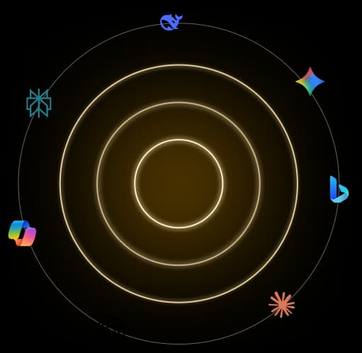 AI tool logos, including OpenAI and Gemini, orbiting a central glowing sphere.