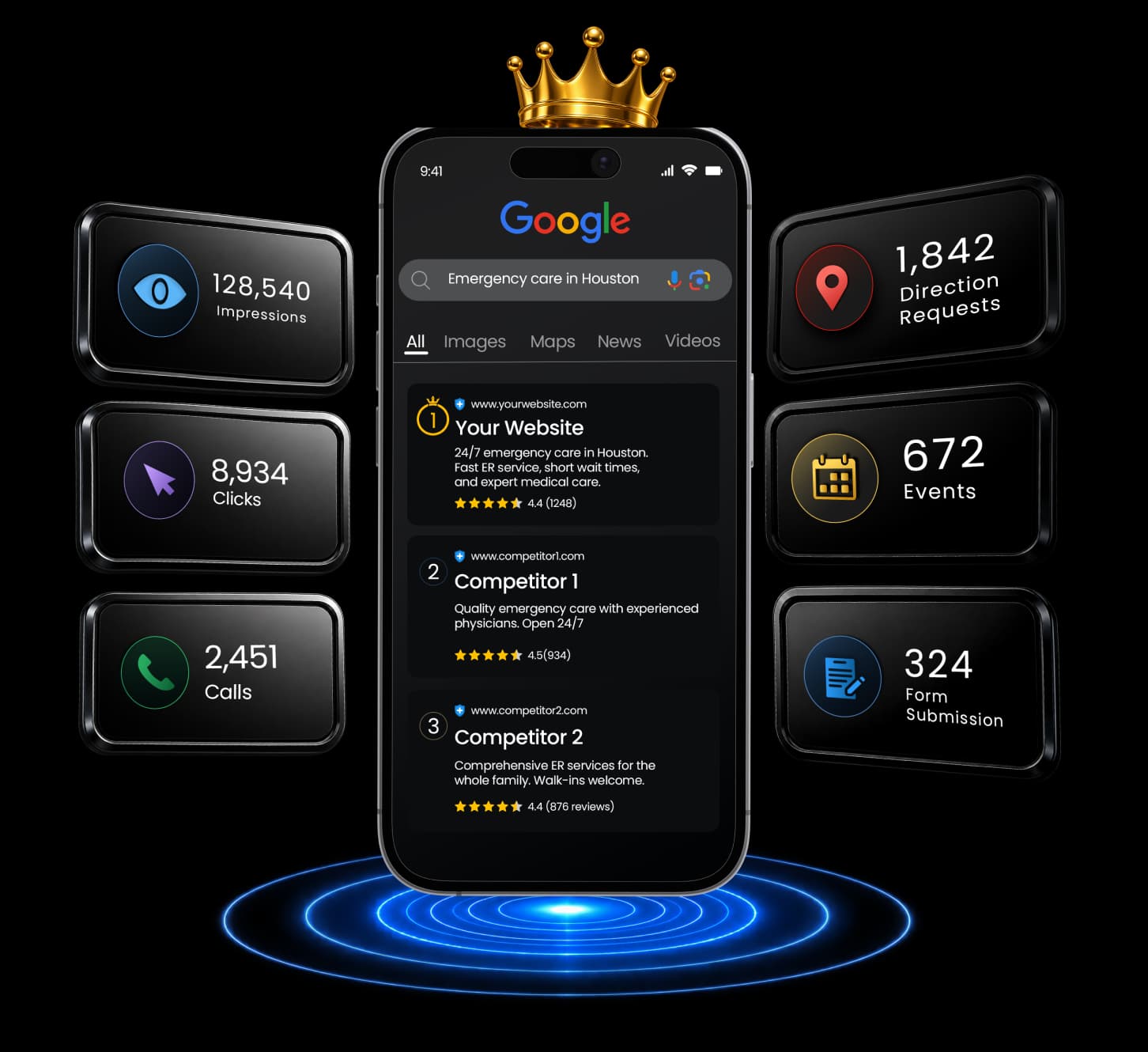 Crowned smartphone displaying top Google ranking surrounded by SEO performance metrics.